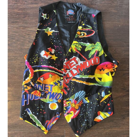 VTG Planet Hollywood Vest S/M 6 Button All Over Print Graphic Retro Uniform - Picture 1 of 8